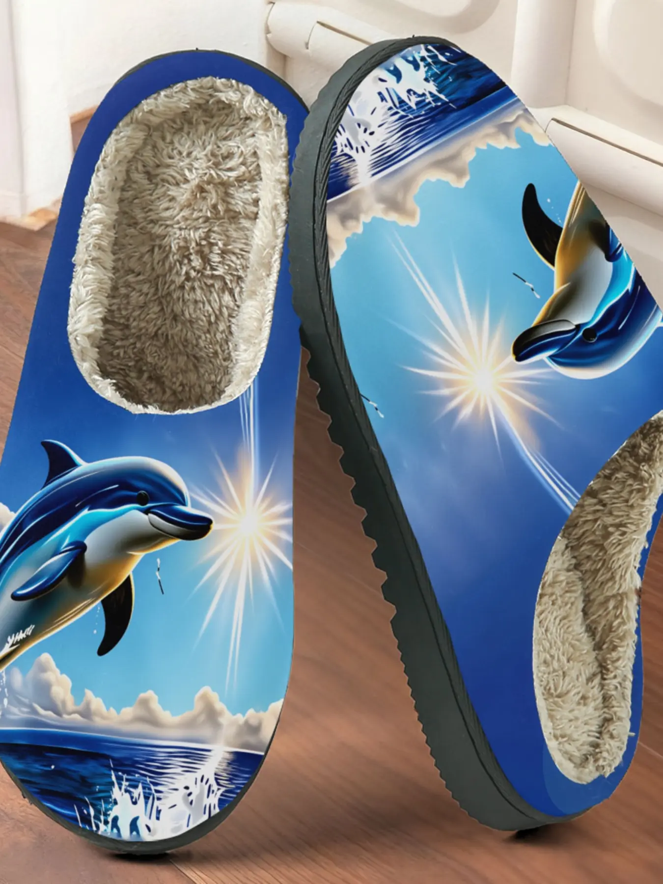 Dolphin Print Cotton Slippers Set, Fresh Ocean Style, Plush Lined Anti-Slip Thick Sole, Home Warm Shoes for Men and Women, Fall Winter, Rubber, Footwear