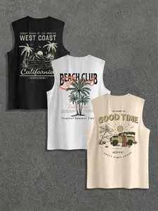 Men's Summer Casual Floral Print Fitted Vest, Letter Coconut Tree Pattern, Outdoor Sports Wear, Daily Versatile Style, Pack of Three, Summer Tank Tops, Going Out Tank, Tropical, Casual Breathable Sleeveless, Tank Shirt