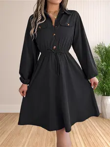 Women's Plain Pocket Button Front Drawstring Waist A Line Dress, Elegant Bishop Sleeve Shirt Collar Knee Length Dress for Spring & Fall, Women's Clothing for Daily Wear