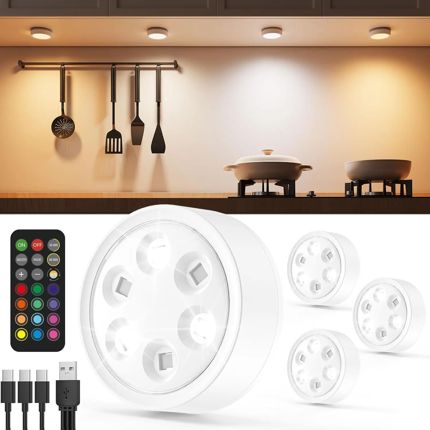 Rechargeable LED Puck Lights with Remote, 2400mAh Battery Operated Push Button Lights Stick on Magnetic Tap Light for Closet Wireless Kitchen Under Cabinet Touch Lighting Classroom Light