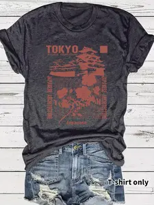 Women's Tokyo City Print Round Neck Tee, Vintage Trendy Casual Fitted Streetwear Short Sleeve T-shirt for Daily Wear, Ladies Summer Outfit, Top