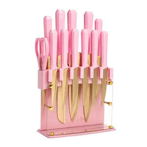 13-Piece Knife Block Set – Gold Titanium Stainless Steel Blades with Pink Handles & Acrylic Shield Block