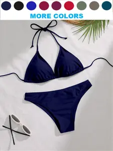 Two-piece Set Women's Solid Bikini Set, Casual Fashion Chic Swim Top & Swim Bottom  Set for Beach Holiday Vacation, Ladies Swimwear for All Seasons