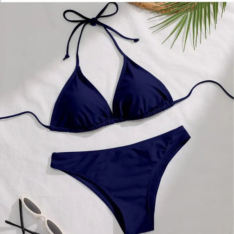 Two-piece Set Women's Solid Summer Bikini Set, Casual Fashion Chic Swim Top & Swim Bottom Set for Beach Holiday Vacation, Ladies Swimwear for All Seasons, Fitted Triangle Swimwear, Bikinis Set, Swimsuit Two Piece