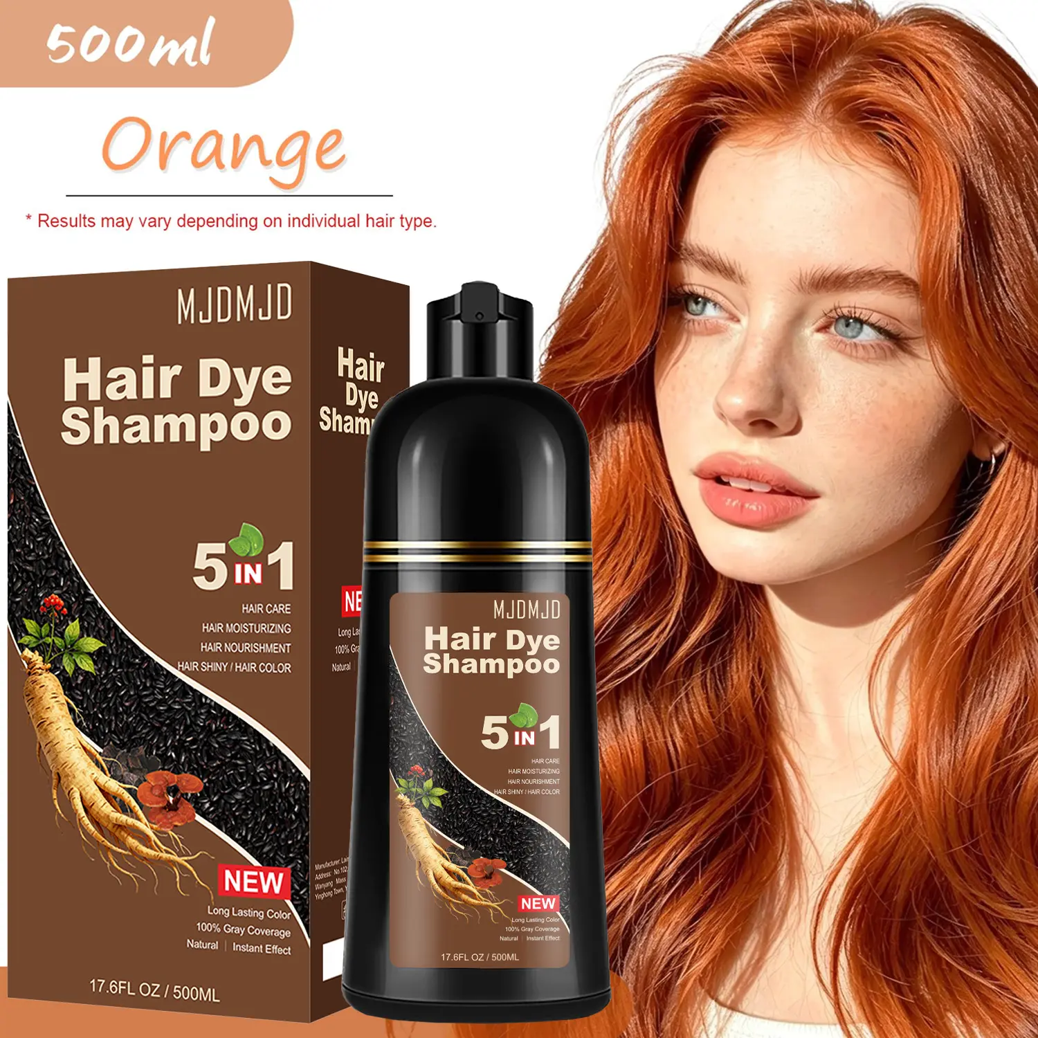 Orange Hair Dye Shampoo 5-in-1 for Gray Hair, Herbal Ingredients Natural Color Shampoo Hair Dye for Women Men, Long Lasting Brown Hair Dye Colors in Minutes, Champu Para Canas Gentle DIY Home Salon, 500ml