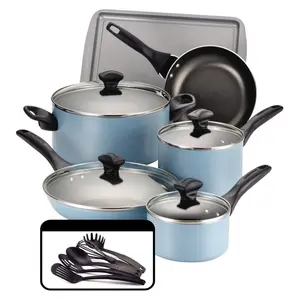 Farberware 21894 Dishwasher Safe Nonstick 15-Piece Cookware Set- Aqua
