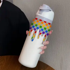 32oz Dual-Sip Sports Water Bottle, Colorful Grid Print, 304 Stainless Steel Large Capacity, Insulated Cup, Vacuum Insulated Tumbler, Thermo Tumbler, Perfect Gift for Women