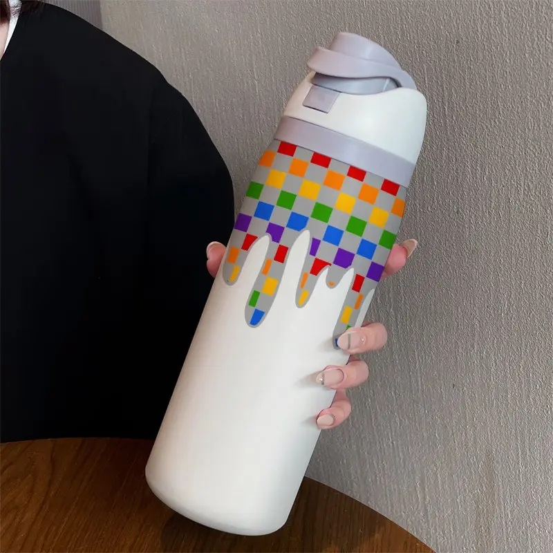 32oz Dual-Sip Sports Water Bottle, Colorful Grid Print, 304 Stainless Steel Large Capacity, Insulated Cup, Vacuum Insulated Tumbler, Thermo Tumbler, Insulated Drinkware, Perfect Gift for Women