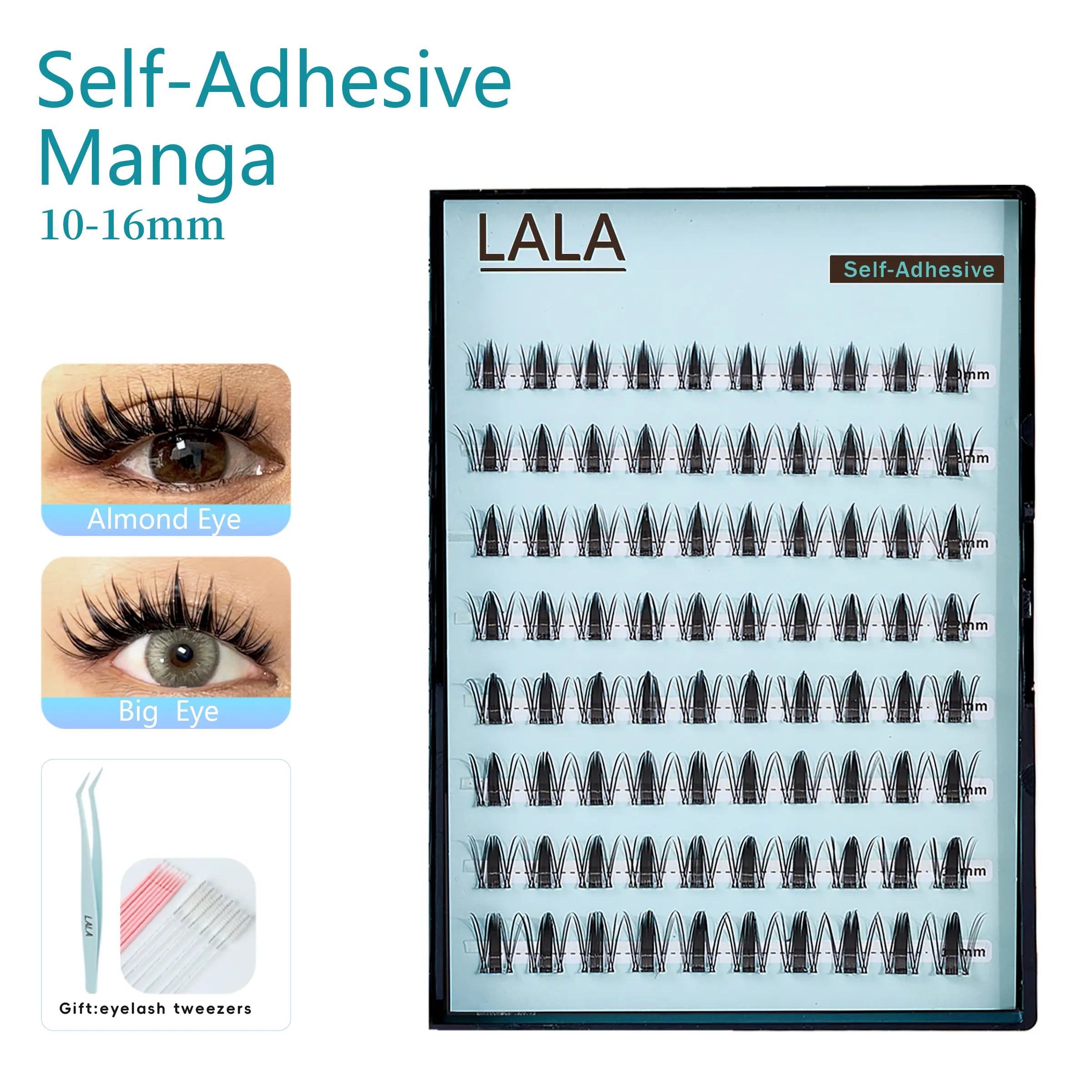 Manga-LALA DIY Self-Adhesive Eyelash Clusters - Cosmetic Makeup D Curl Fluffy 10-16mm Pre-Glued Convenient-Use At-Home Humidity-Resistant 1-Day Lash Extensions