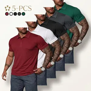 Men’s 5-Piece Summer Polo Shirt Set – Solid Color, Casual Design, Stylish and Versatile, Suitable for Leisure, Business, and Sports; Orange/Black/Navy Blue/Green Combo Set