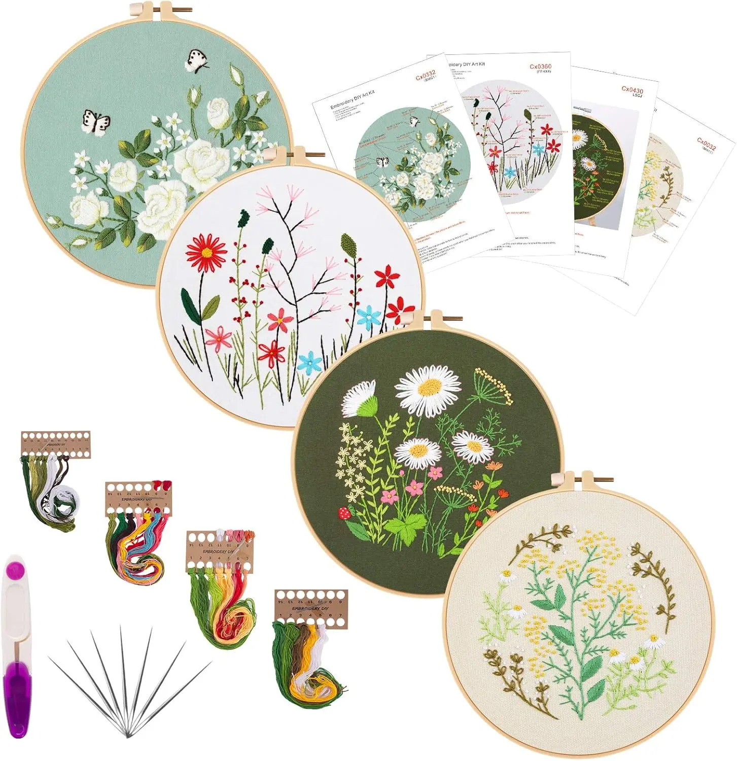 Pack Of 4 Beginner Embroidery Kit with Patterns,Cross Stitch Kit Includes Hoop and Complete Embroidery Tools, Adult Needle Point Kit