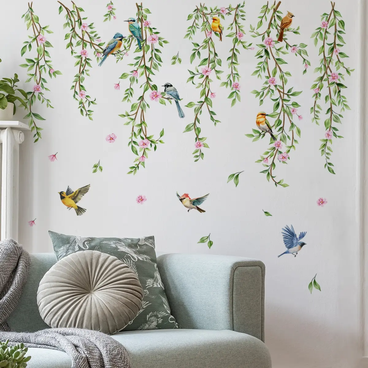 A set of two vine, flower and bird spring wall stickers for bedroom and living room background walls, home decoration stickers, Decorative Wall Sticker, self-adhesive M13578-KN