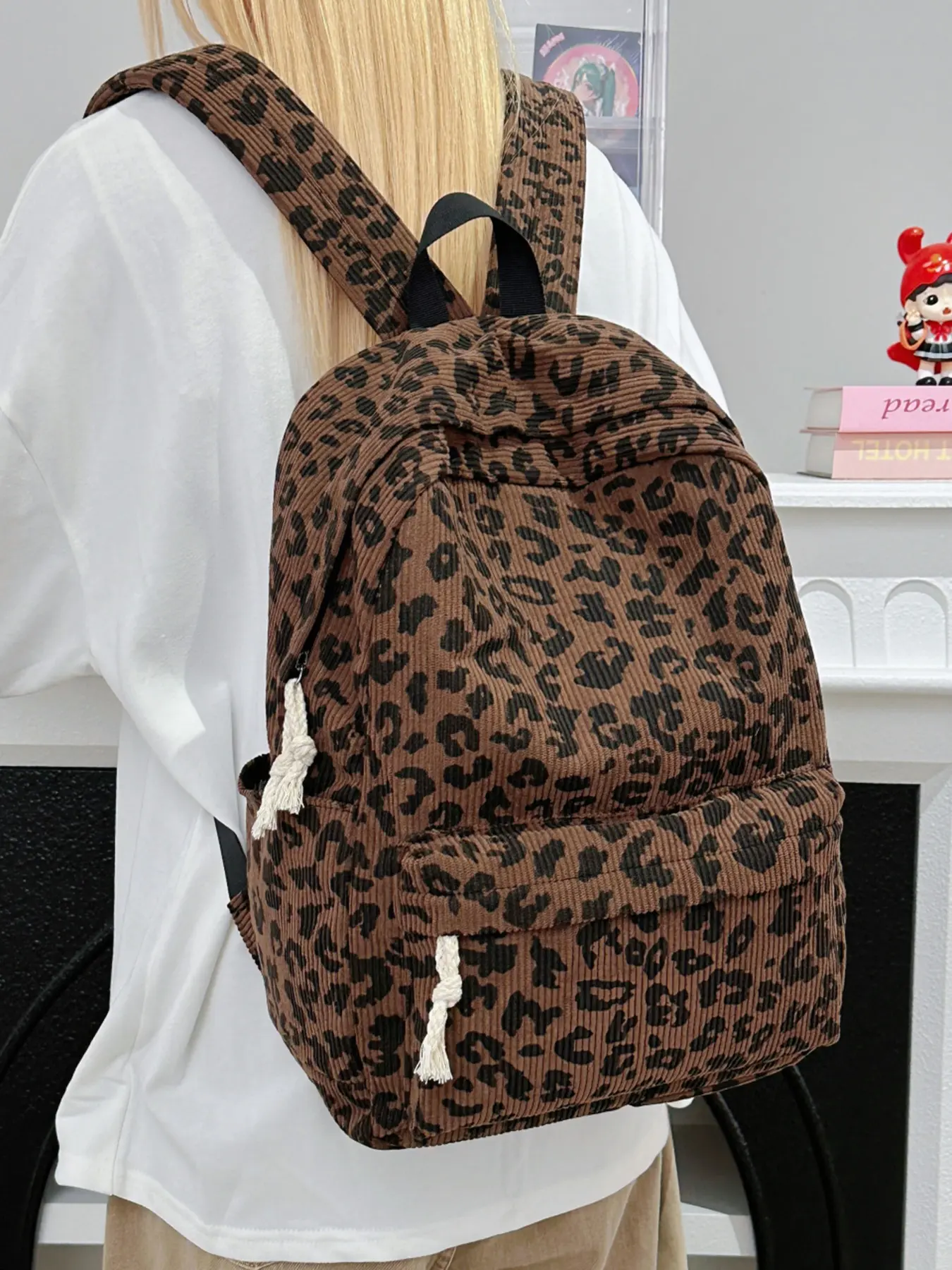 New Vintage-Inspired Leopard-Print Corduroy Backpack Fringe Drawstring Large Capacity Casual Fashion Backpack Perfect for Fall/Winter Commuting & Campus Use Trendy Backpack Stylish Lightweight Casual Daypack
