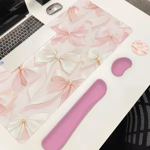 Bow Pattern Mouse Pad Set, Mouse Pad & Keyboard Wrist Rest & Ergonomic Mouse Pad & Coaster, Ergonomic Wrist Support for Home Office Gaming, Desk Accessories