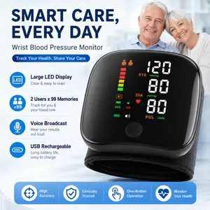 Rechargeable Wrist Blood Pressure Monitor with Large LED Display, Voice Broadcast, 2-User Mode, 2×99 Memory, 3-Color Backlight, One-Button Operation for Home & Travel