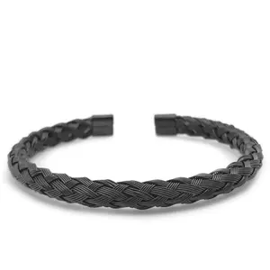 Unisex Black Stainless Steel Woven Wire Cuff Bracelet