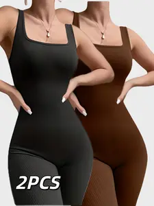 2 Pcs Womens Workout Rompers Jumpsuits Seamless Ribbed Stretchable Activewear Workout Apparel Yoga Gym One Piece Sleeveless Square Neck Tank Top Leggings Unitard