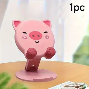 1pc Cute Pig-Shaped Phone Holder with Adjustable Angle - Portable Folding Stand, Pink & Design, Compatible with Smartphones, Tabletop & Bedside Organizer, Desk Accessory, Playful Accessory, Durable Plastic