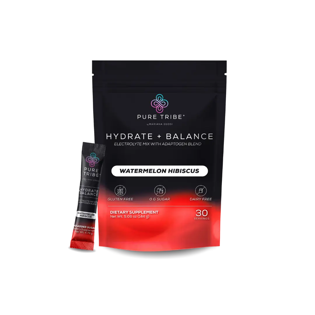 Pure Tribe Hydrate + Balance Watermelon Hibiscus Electrolyte Mix with Adaptogen Blend 0g Sugar Gluten Free Dairy Free 30 Servings