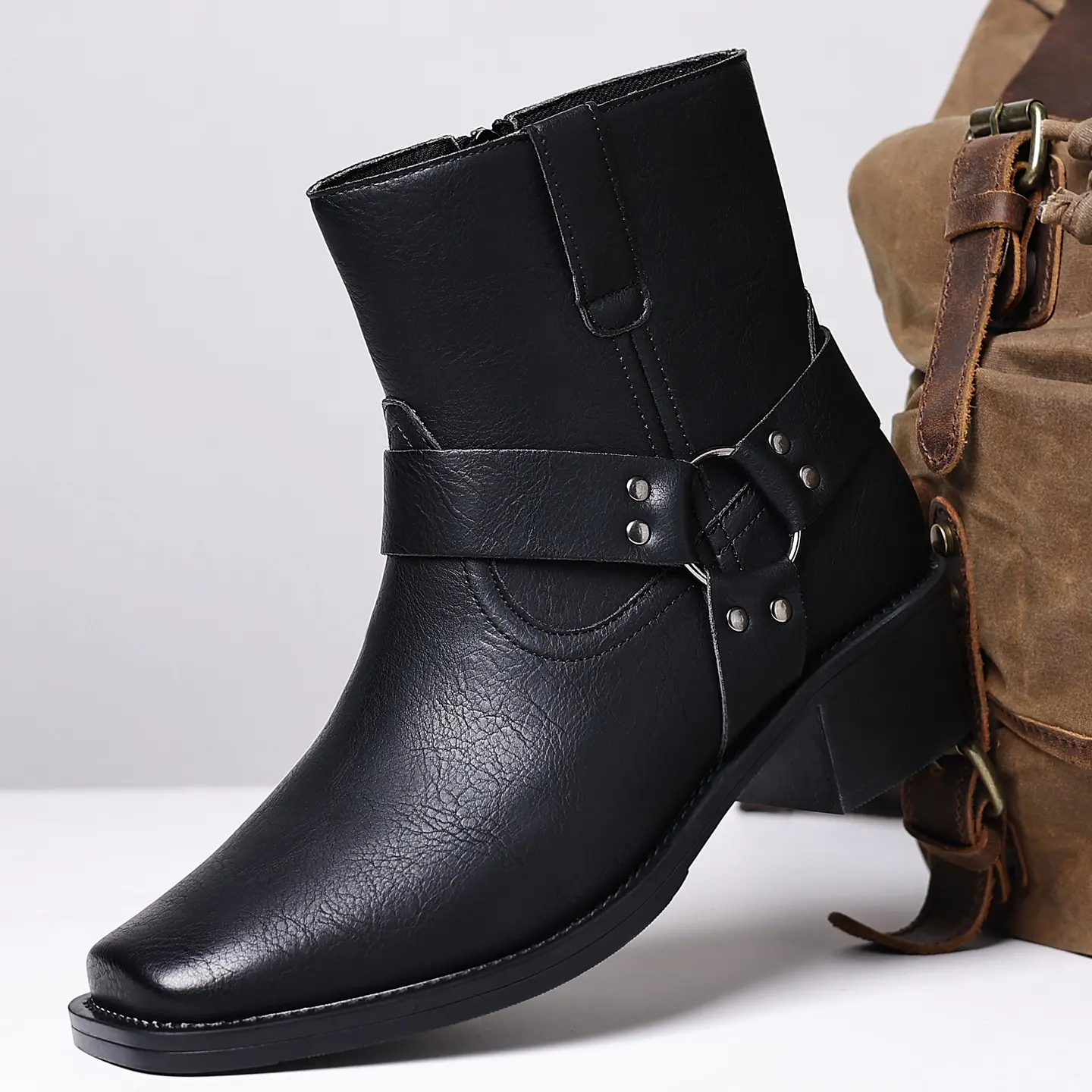 Men's Fashion PU Leather Combat Boots, All-Season Mid-Calf Ankle Boots with Side Buckle Detail and Block Heel for Everyday Wear