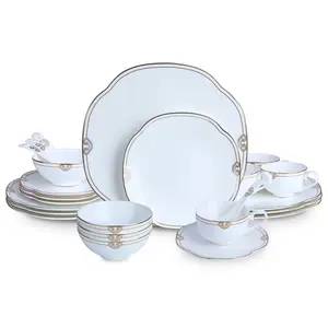 24 Piece Porcelain Dinnerware Set, Scalloped Bone china Plates and Bowls Sets for 4 With Double Gold Rim, Highly Chip and Crack Resistant | Dishwasher Safe Dishes Set (White & Double Gold Rim) dinnerware set