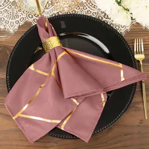 5 Pack Polyester Napkins 20"x20" Cinnamon Rose with Gold Geometric Foil Pattern - Modern Reusable Cloth Napkins