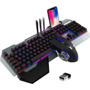 Gaming Keyboard and  Combo,Rainbow LED Backlit Keyboard with Rechargeable 3800mAh  Metal Panel,Removable Wrist Rest Mechanical Feel and 7 Color Mute Gaming Mice for PC PS4 PS5
