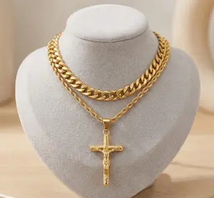 2 Pcs Cross Necklace Chain for Men and Women,Easter Surprise! Layered Mens Cross Necklaces Stainless Steel Pendant Cuban Link Rope Chain 20/22inch