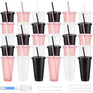 HILAKE 30pcs 24oz Pink Clear Plastic Water Cups, Reusable Drinkware with Portable & Easy Clean Design, Perfect for Daily Hydration, Home, Office, Restaurant, Gatherings, St. Patrick's Day & Mother's Day Gifts