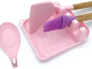 2 Pack Multiple Utensil Spoon Rest with Drip Pad Non-Slip Heat Resistant Kitchen and Grill Spoon Holder for Spatula, Ladle, Tongs, Kitchen Gadgets, and Cooking Accessories (Cute Pink)