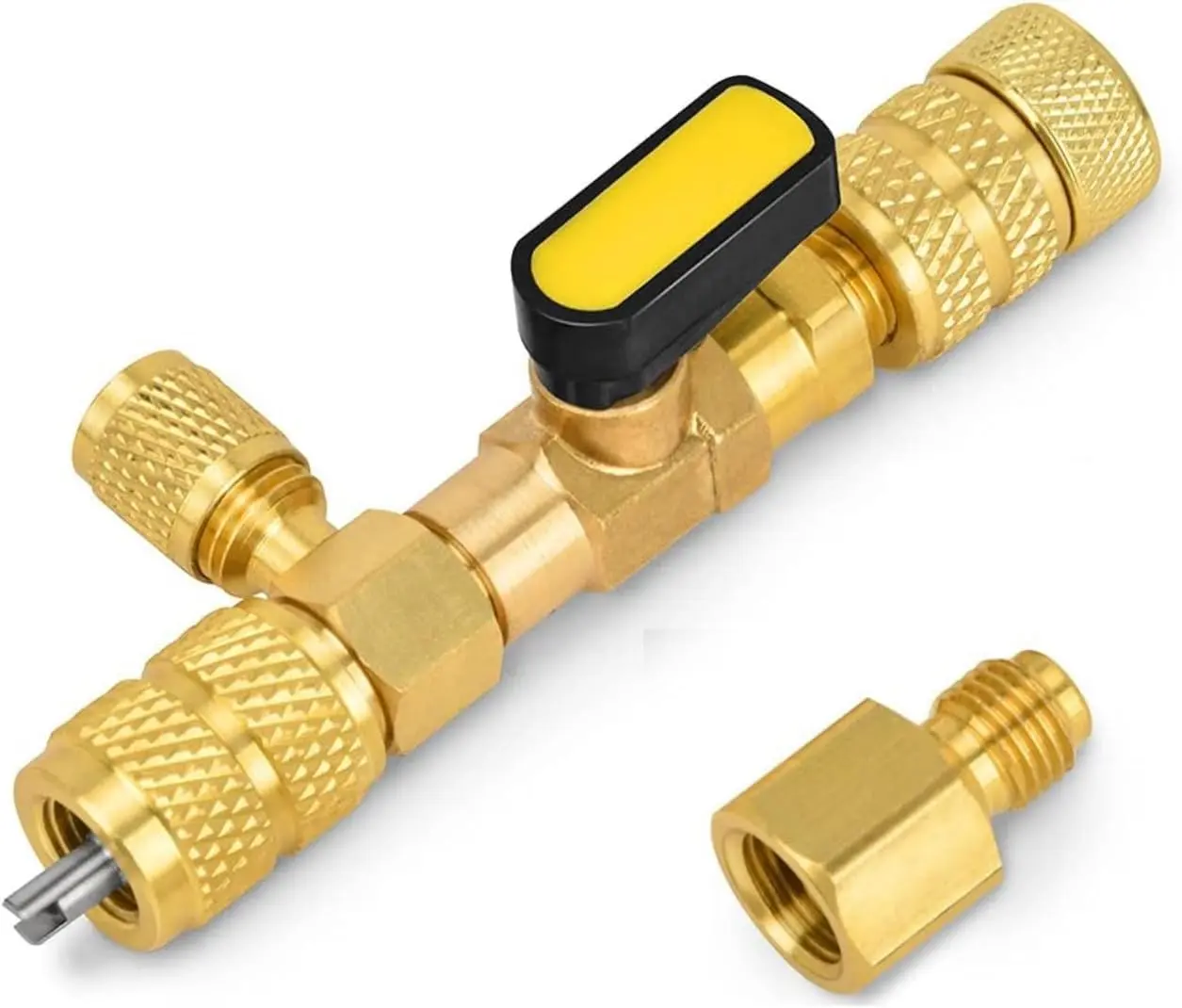 AC Schrader Valve Core Remover Installer Tool, Dual-Size SAE 1/4 & 5/16 Port Compatibility, Brass Adapter for R410A & R22 Systems