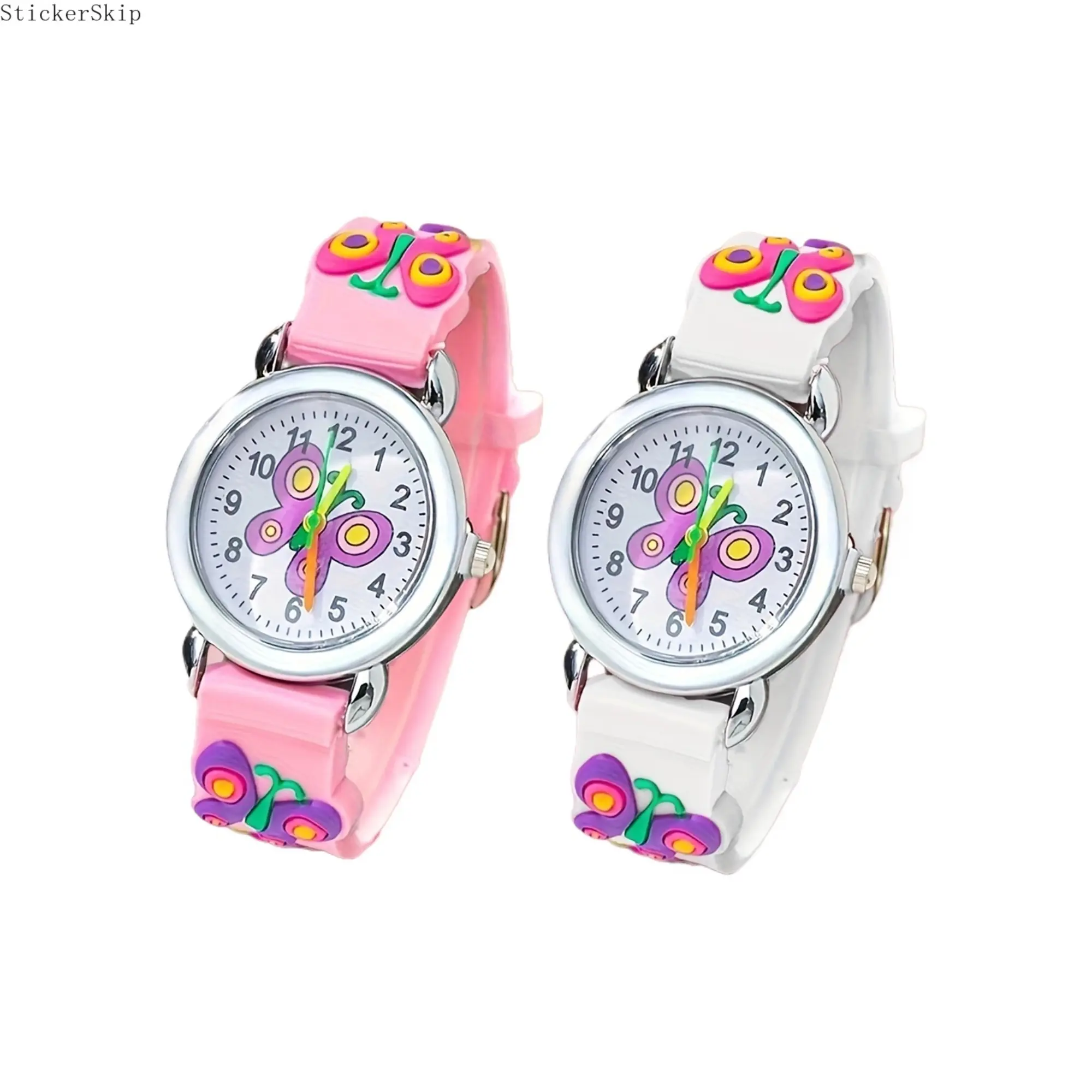 2026 New 2Pcs Girls Cute Butterfly Analog Watch, Fashion Pointer Wristwatch with Soft Multicolor TPU Strap, Lightweight Casual Timepiece, Ideal Gift for Teacher’s Day, Back to School and Graduation Celebration