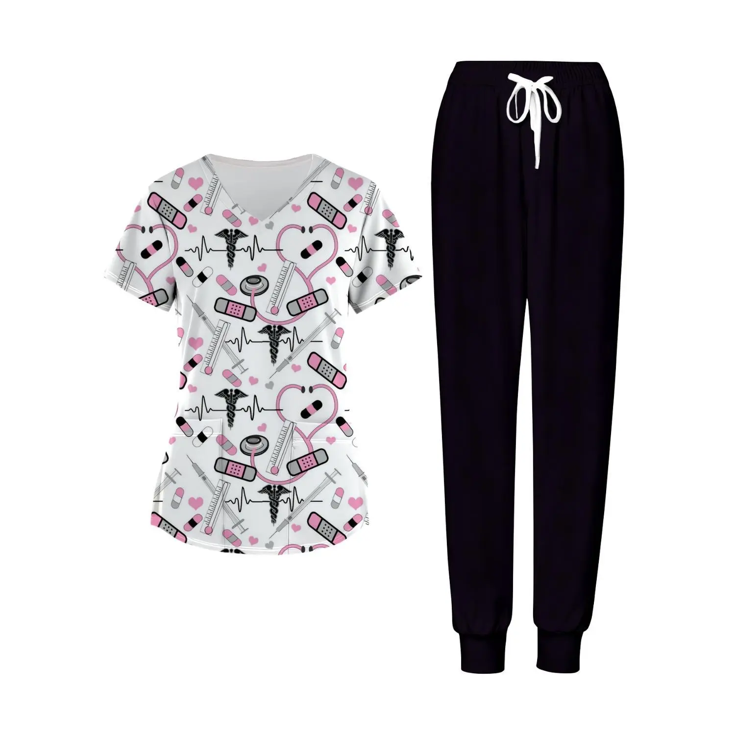 Carefull Printed V-Neck Short Sleeve Shirt with Black Pants - Stylish Nurse Uniform Set