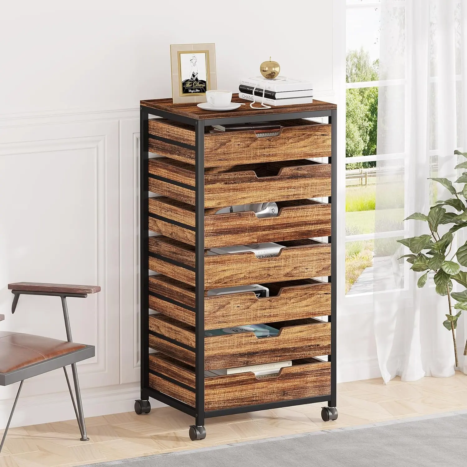 Tribesigns Industrial Wood 7 Drawer Chest,Storage Dresser Cabinet with Wheels,Organizer Cart Dresser