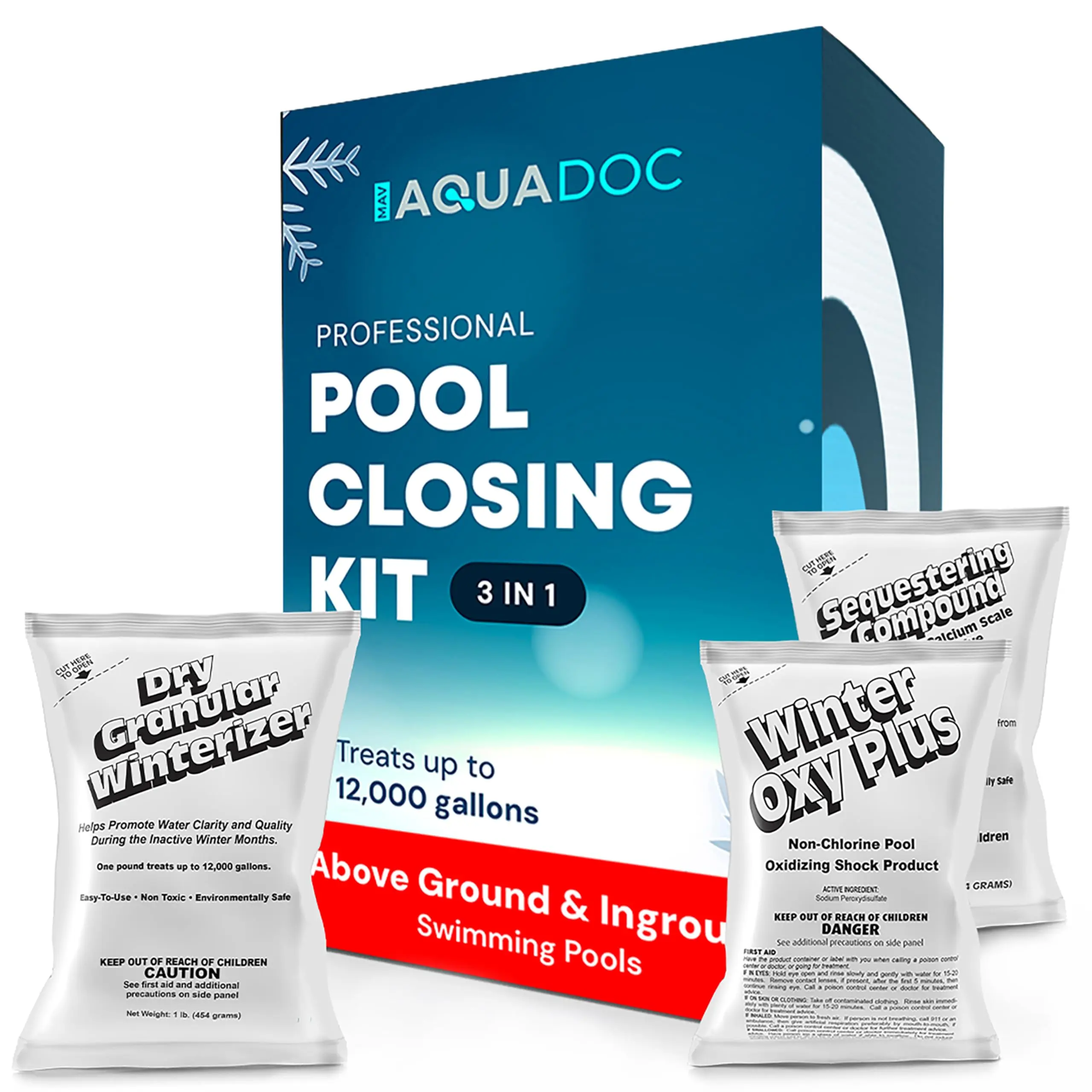 AquaDoc 3-Part Pool Winterizing Kit for 12,000 Gallons - Ideal for Inground & Above Ground Pools - Made in USA Chemicals