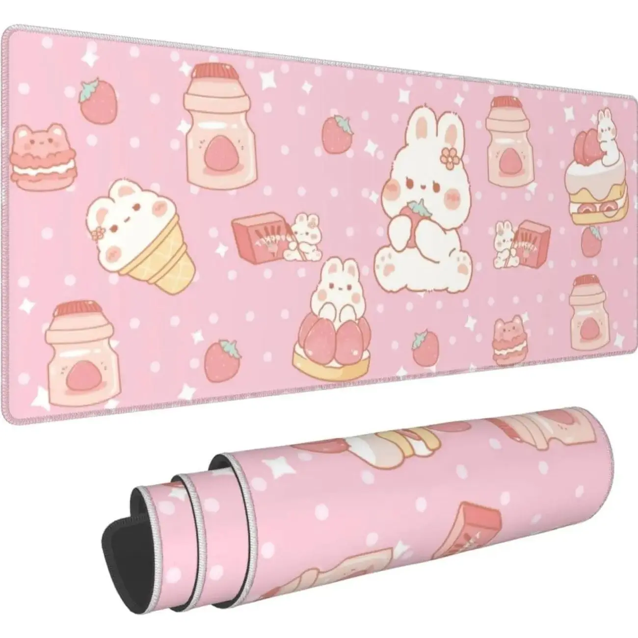 Kawaii Rabbit Strawberry Gaming Mouse Pad Extended Large Mouse Mat 24 X 14 Inch Nonslip Rubber Base Long Desk Pad Stitched Edges Mousepad Mice Pad for Office Home Game