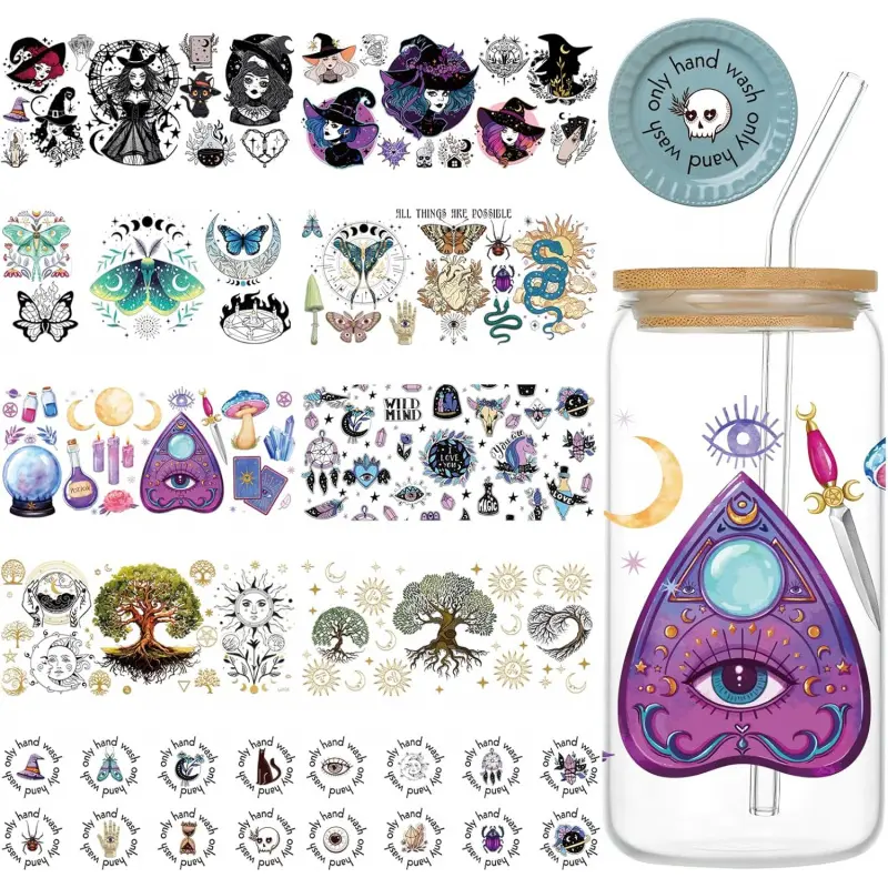 UV DTF Transfer Cup Sticker - 10 Sheets UV DTF Cup Wraps for 16 oz Glass Cups, Waterproof Life Tree Sun Moon Witch Moth UV Rub Transfer Stickers, Personalized Water Bottle Decals Gifts