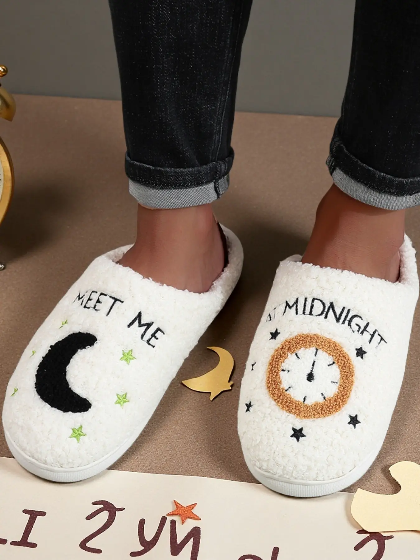 Men Women Fall Winter Plush Slippers, Clock Moon Print, Soft Lightweight Indoor Shoes, Cute Comfortable Home Footwear