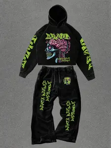 Men's 2-Piece Cotton Blend Casual, Cropped Oversized Hoodie & Baggy Pants, Streetwear, Gothic Text, Skull-Brain Graphic