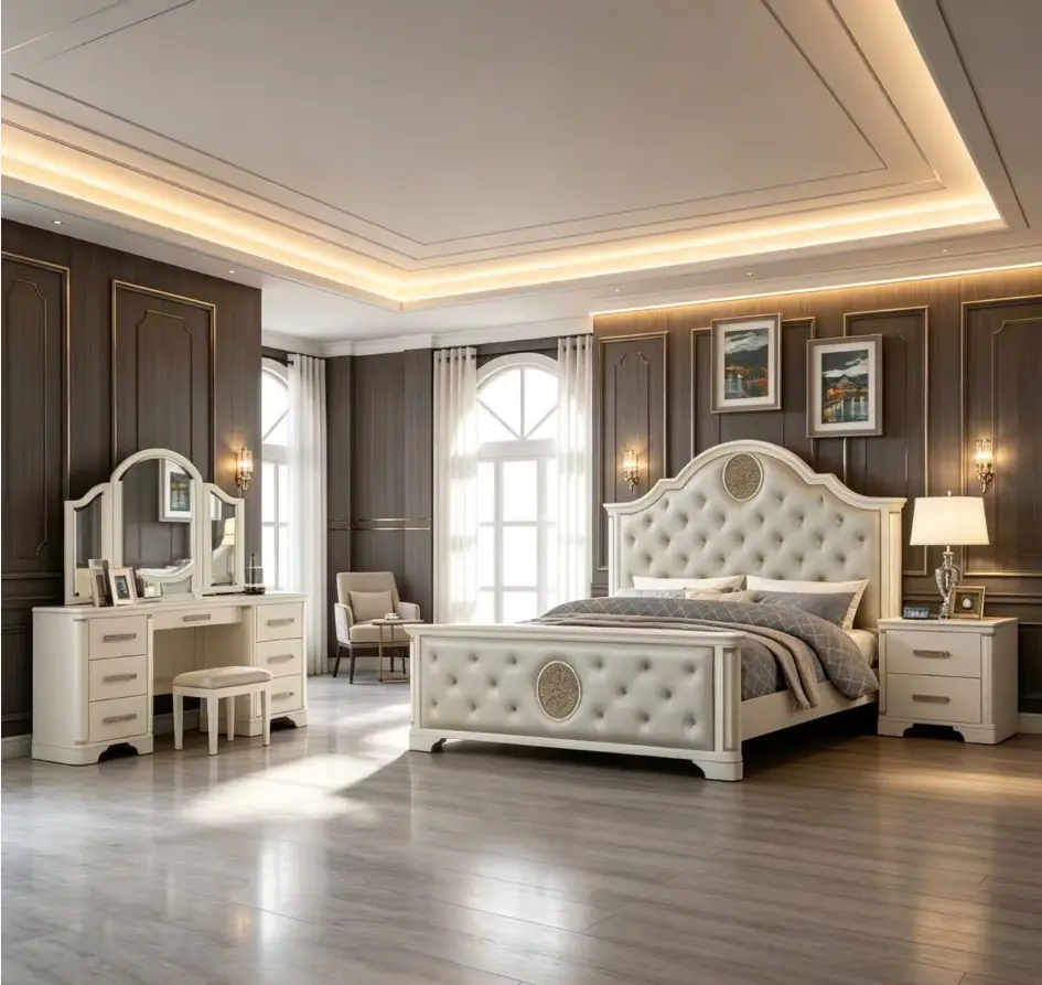 JASMINE Queen 4-Pc Unique LED Wood Vanity Bedroom Set, Beige Indoor Furniture Set for Bedroom Decor