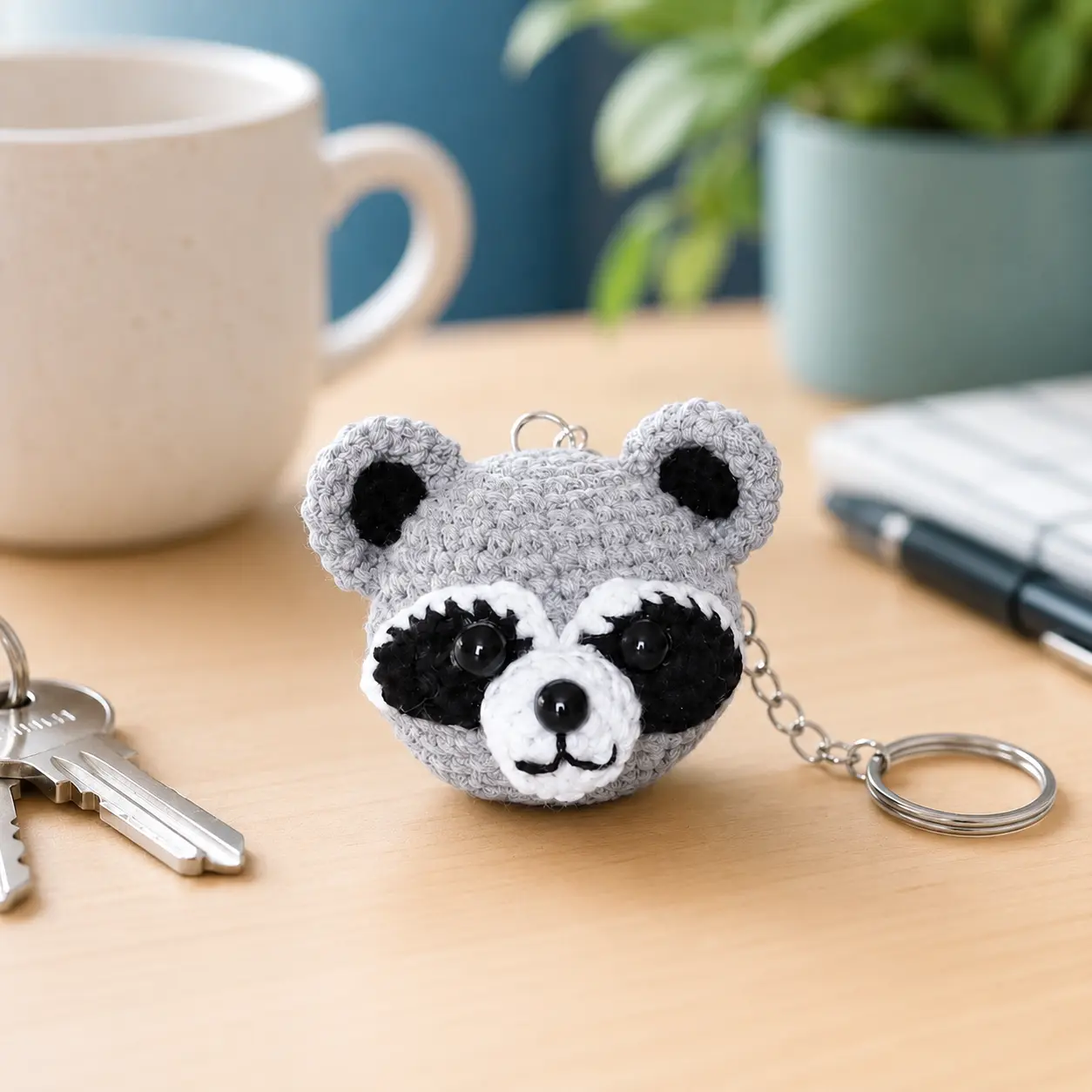 Handmade Crochet Raccoon Keychain, Mini Amigurumi Animal Charm, Cute Bag Accessory Gift