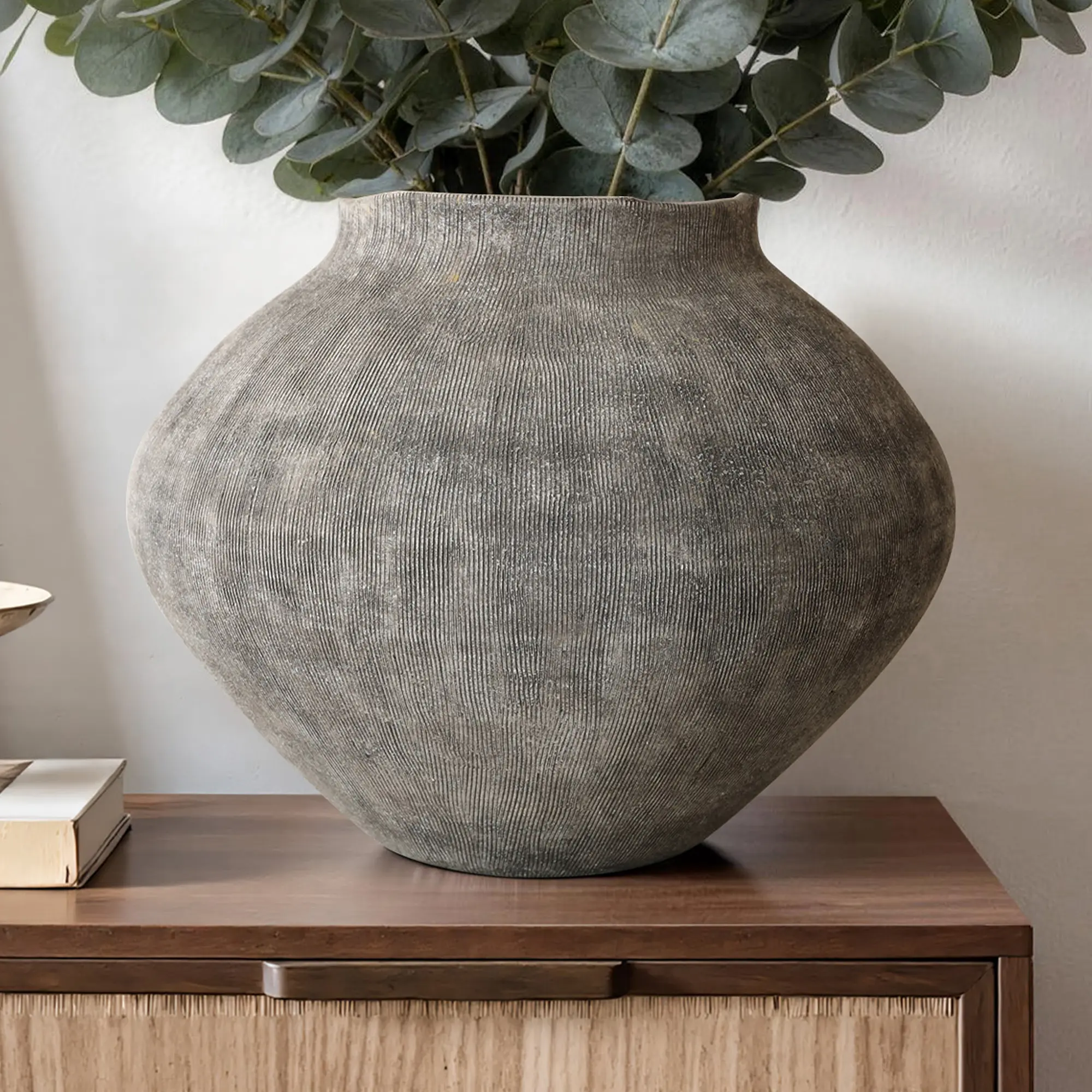 10" Rustic Gray Ribbed Terracotta Decorative Vase