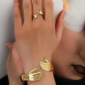 2pcs Palm Embrace Open Ring And Bracelet Set | Vintage -Plated Adjustable Women'S Jewelry | Hypoallergenic Stacking Additions | Bohemian Style Gift