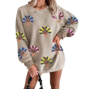 Women's Thanksgiving Sweatshirt with Sequin Turkey Graphic Corded Baggy Long Sleeve Winteroutfit Round Neck Casual Tops for Comfortable Wear