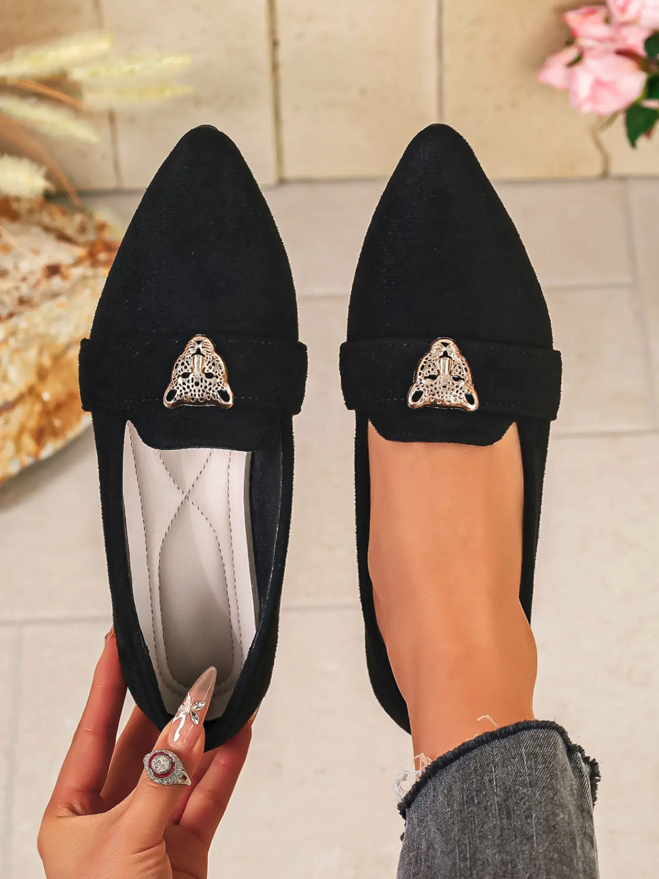 Women's Solid Color Pointed Toe Flats with Metal Buckle Decor, Soft Sole Comfortable Slip-On Shoes, Versatile Commuter Office Shoes for Work & Daily Wear Footwear, Scandinavian Ballet Flats, Office Commuting Shoes