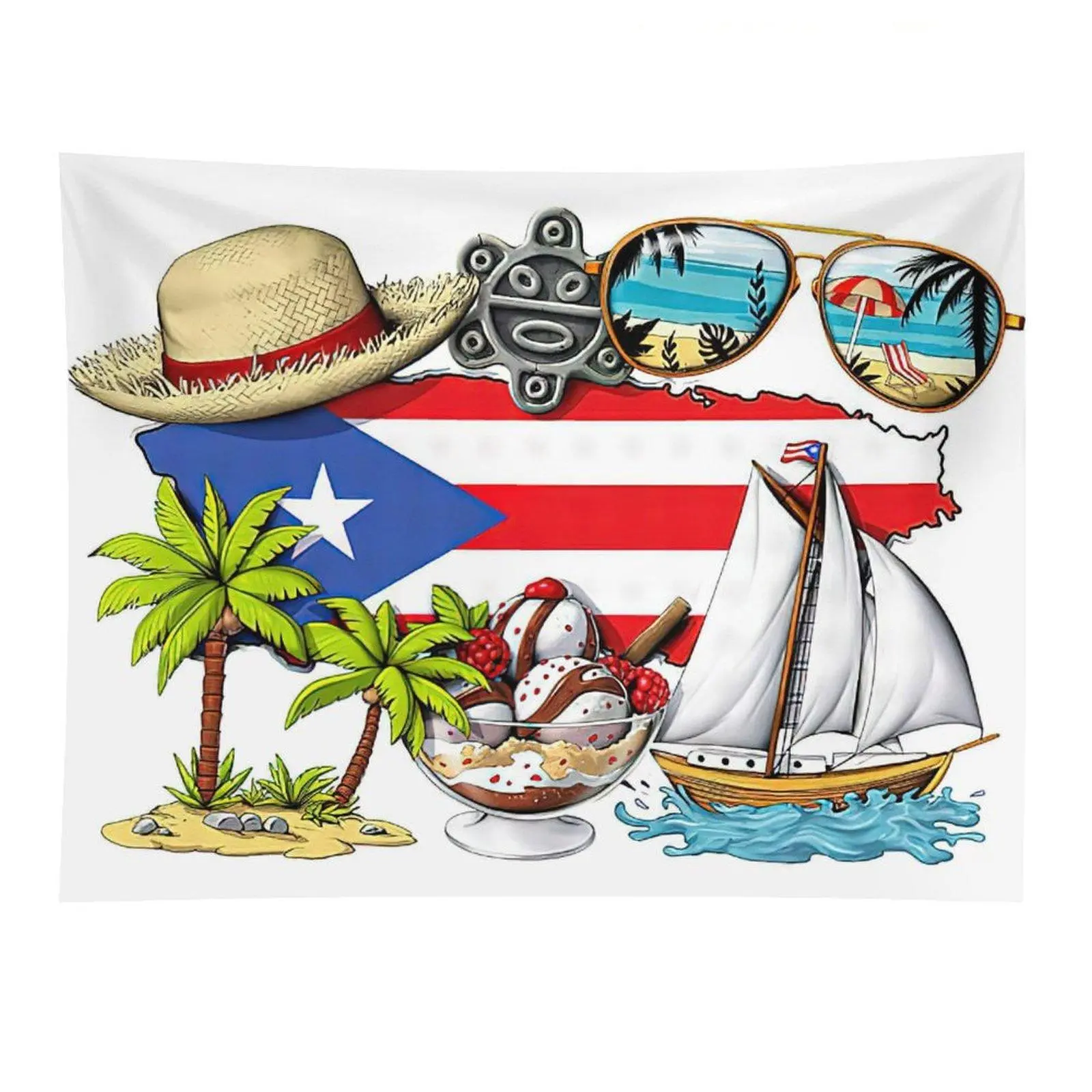 Puerto Rico Island Flag Polyester Tapestry, Tropical Vibe Island Theme Wall Decor, Machine Washable Tropical Vacation Wall Hanging