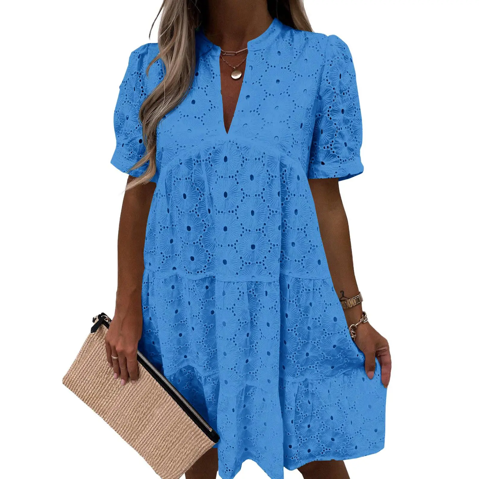 Wenrine Women's Summer Lace Dresses Eyelet Casual Flowy Babydoll Swing  Short Sleeve V Neck Tunic Dress - TikTok Shop