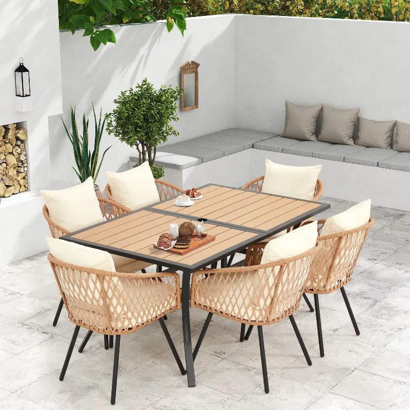 Patio Dining Table Set of 7, Outdoor Table and Chairs Set with 6 Rattan Chairs and a Rectangular Table with Umbrella Hole, Patio Furniture for All Weather Use, for Backyard, Lawn, Garden