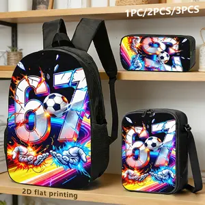 Number 67 Football 3-Piece Backpack Set, Neon Power Effect Print School Bag + Lunch Bag + Pencil Case, Oxford Cloth Adjustable Strap Daypack for Soccer Fans & Kids