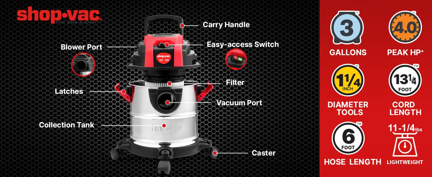 #backtoschool Shop-Vac 3 Gallon 4.0 HP Wet/Dry Vacuum with Blower Function, Stainless Steel Tank, Portable Shop Vacuum with Wheels, Includes Filters, Hose & Accessories, Ideal for Garage and Workshop